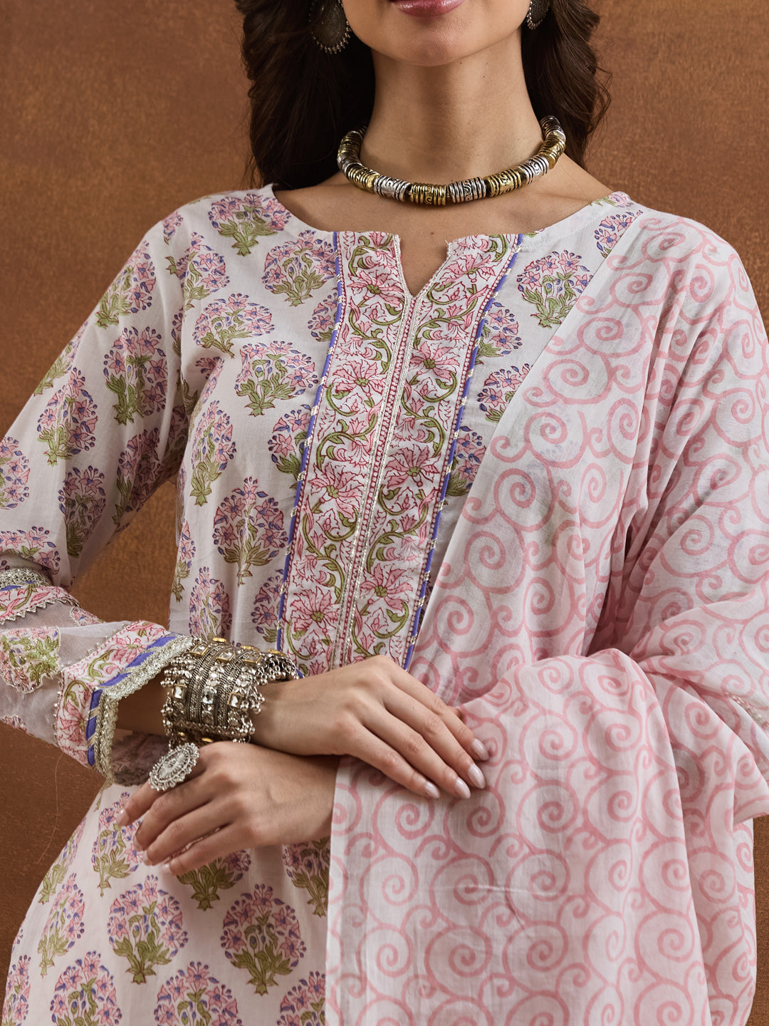 Divena Cotton Handblock Printed White Straight Fit  Kurta Sets