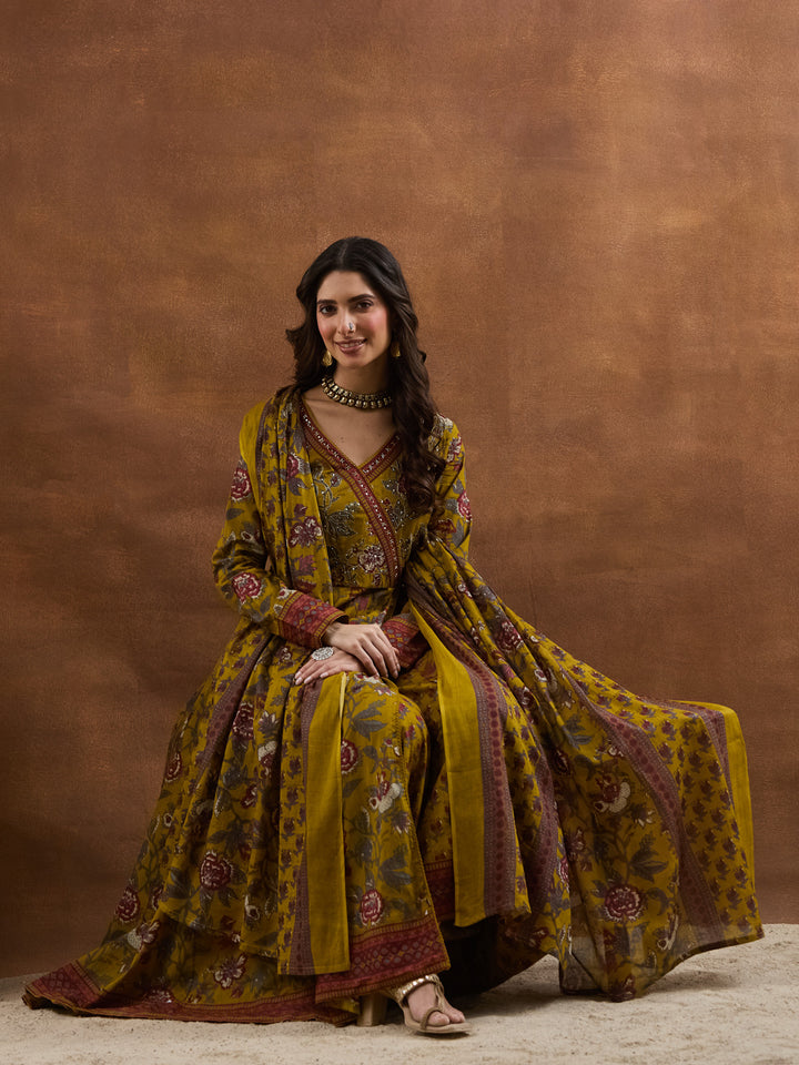 Divena Floral Printed Cotton Yellow  Anakali Kurta Set