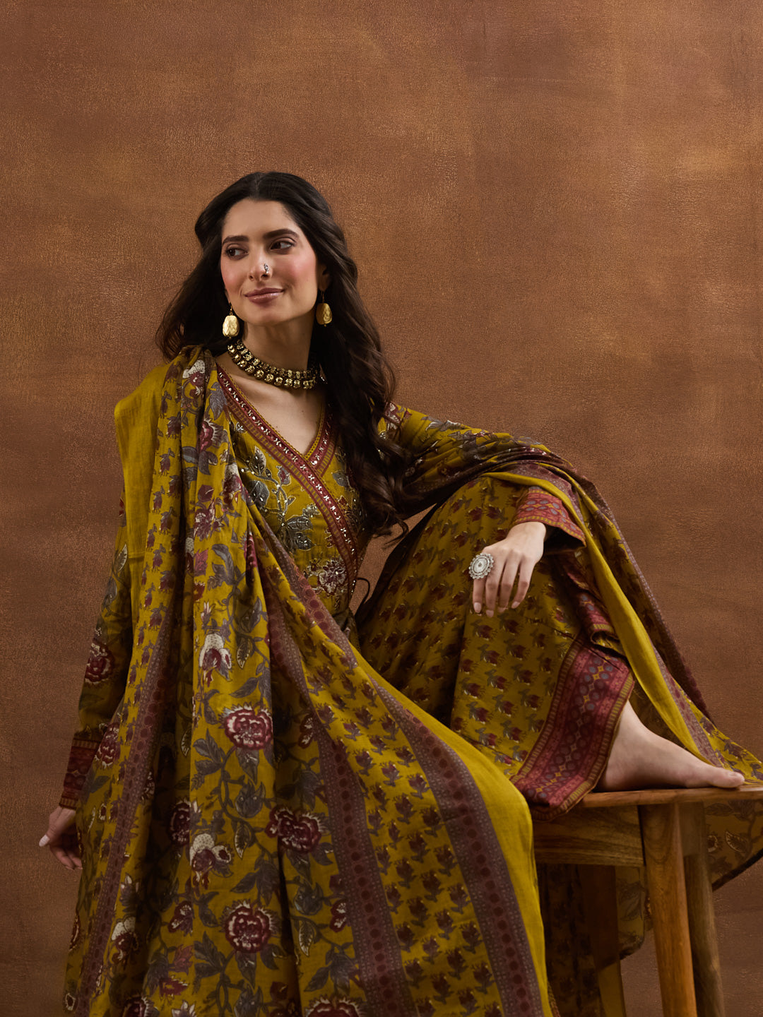 Divena Floral Printed Cotton Yellow  Anakali Kurta Set