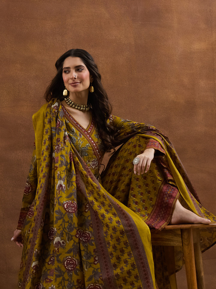 Divena Floral Printed Cotton Yellow  Anakali Kurta Set