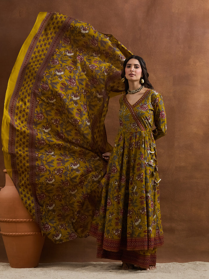 Divena Floral Printed Cotton Yellow  Anakali Kurta Set