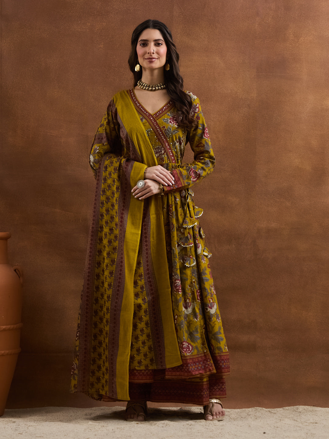 Divena Floral Printed Cotton Yellow  Anakali Kurta Set