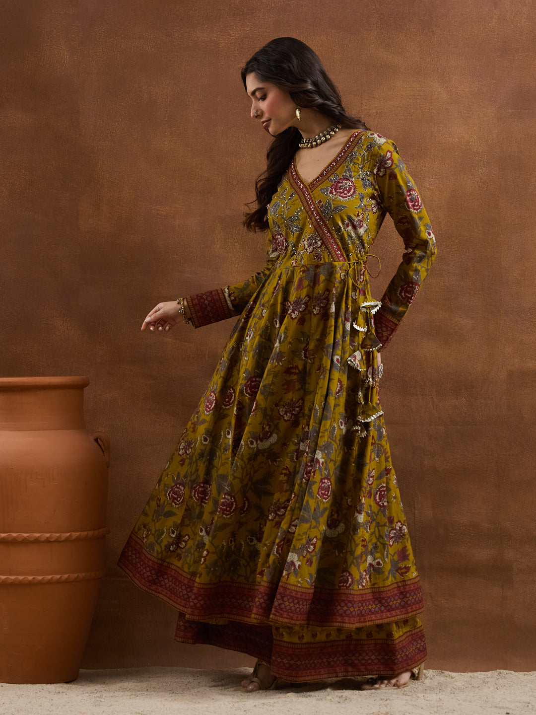 Divena Floral Printed Cotton Yellow  Anakali Kurta Set