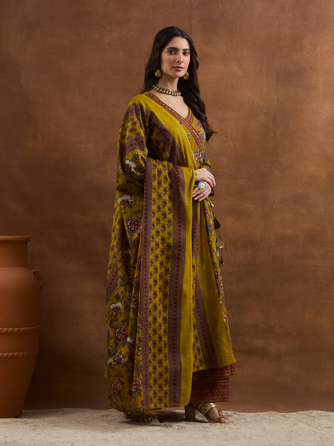 Divena Floral Printed Cotton Yellow  Anakali Kurta Set