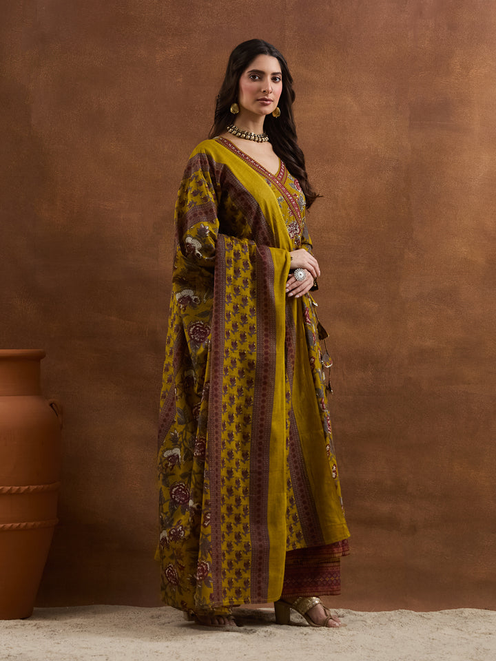 Divena Floral Printed Cotton Yellow  Anakali Kurta Set