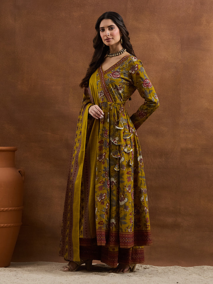 Divena Floral Printed Cotton Yellow  Anakali Kurta Set