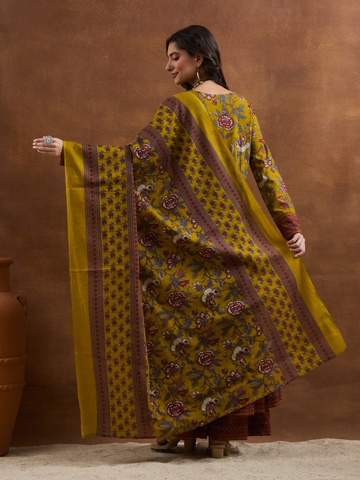 Divena Floral Printed Cotton Yellow  Anakali Kurta Set