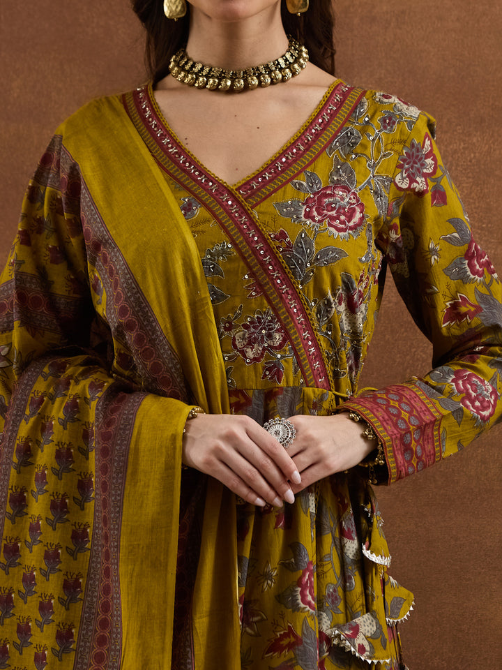 Divena Floral Printed Cotton Yellow  Anakali Kurta Set