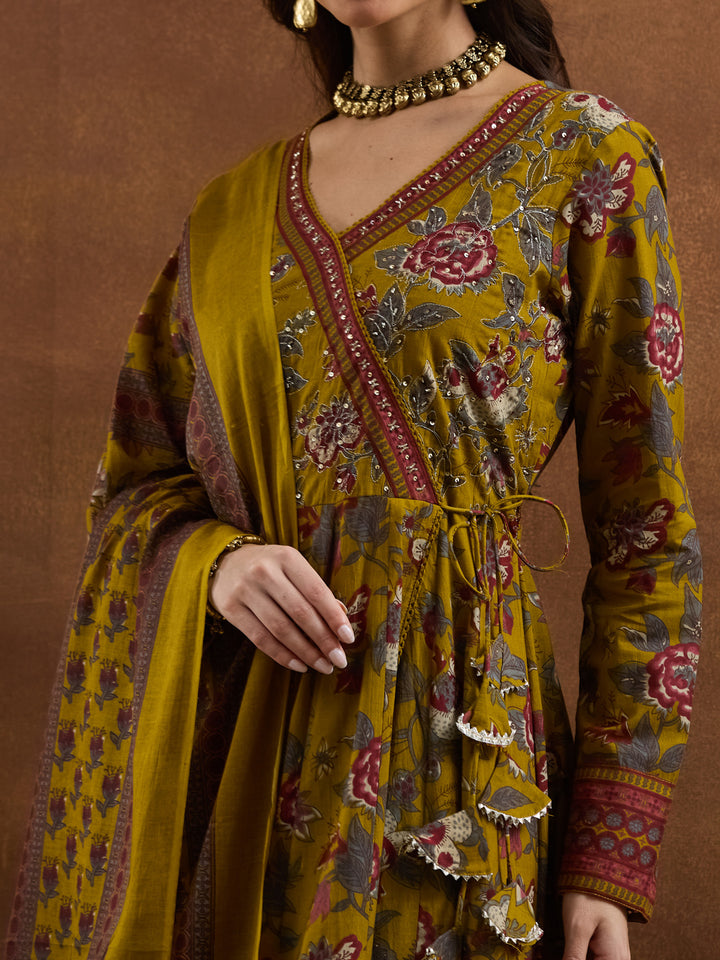 Divena Floral Printed Cotton Yellow  Anakali Kurta Set