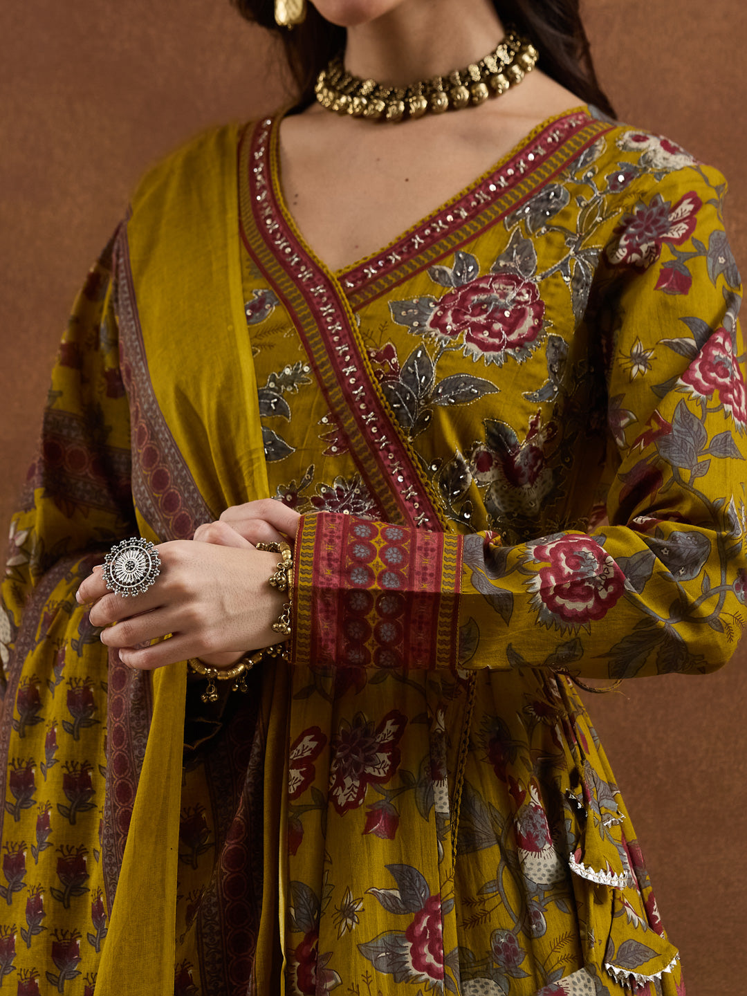 Divena Floral Printed Cotton Yellow  Anakali Kurta Set