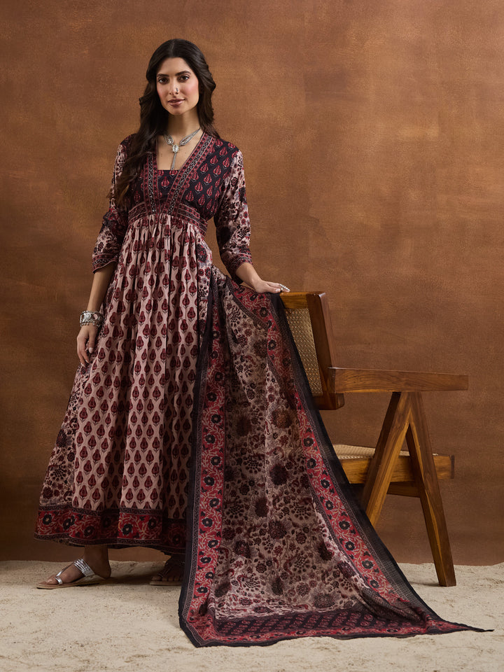 Divena Floral Printed Cotton Black & Pink Anakali Kurta Set