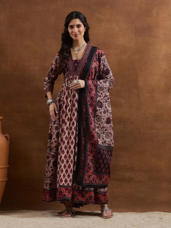 Divena Floral Printed Cotton Black & Pink Anakali Kurta Set