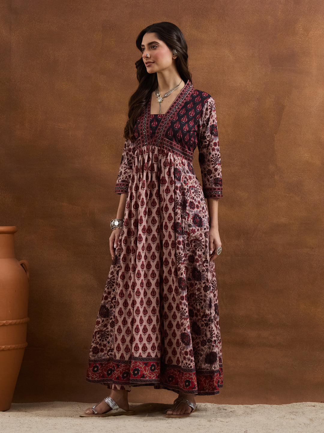 Divena Floral Printed Cotton Black & Pink Anakali Kurta Set