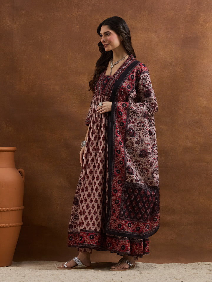 Divena Floral Printed Cotton Black & Pink Anakali Kurta Set