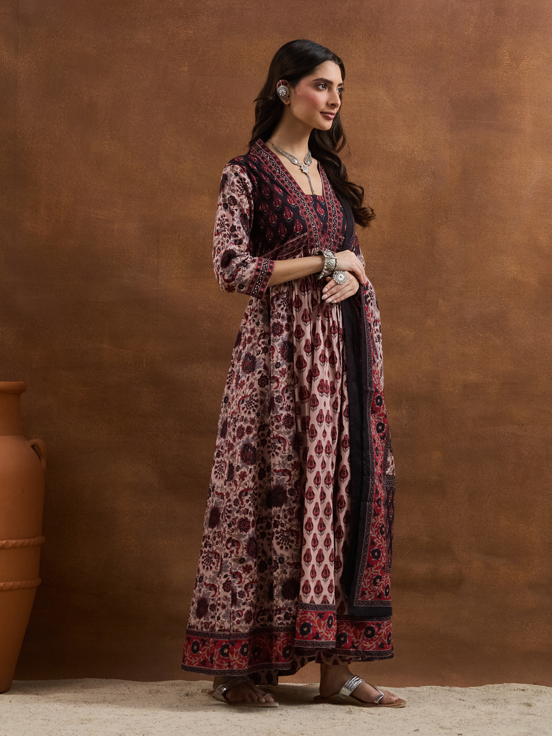 Divena Floral Printed Cotton Black & Pink Anakali Kurta Set