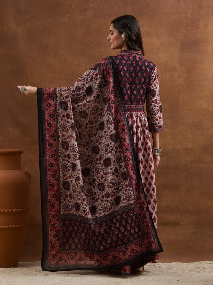 Divena Floral Printed Cotton Black & Pink Anakali Kurta Set