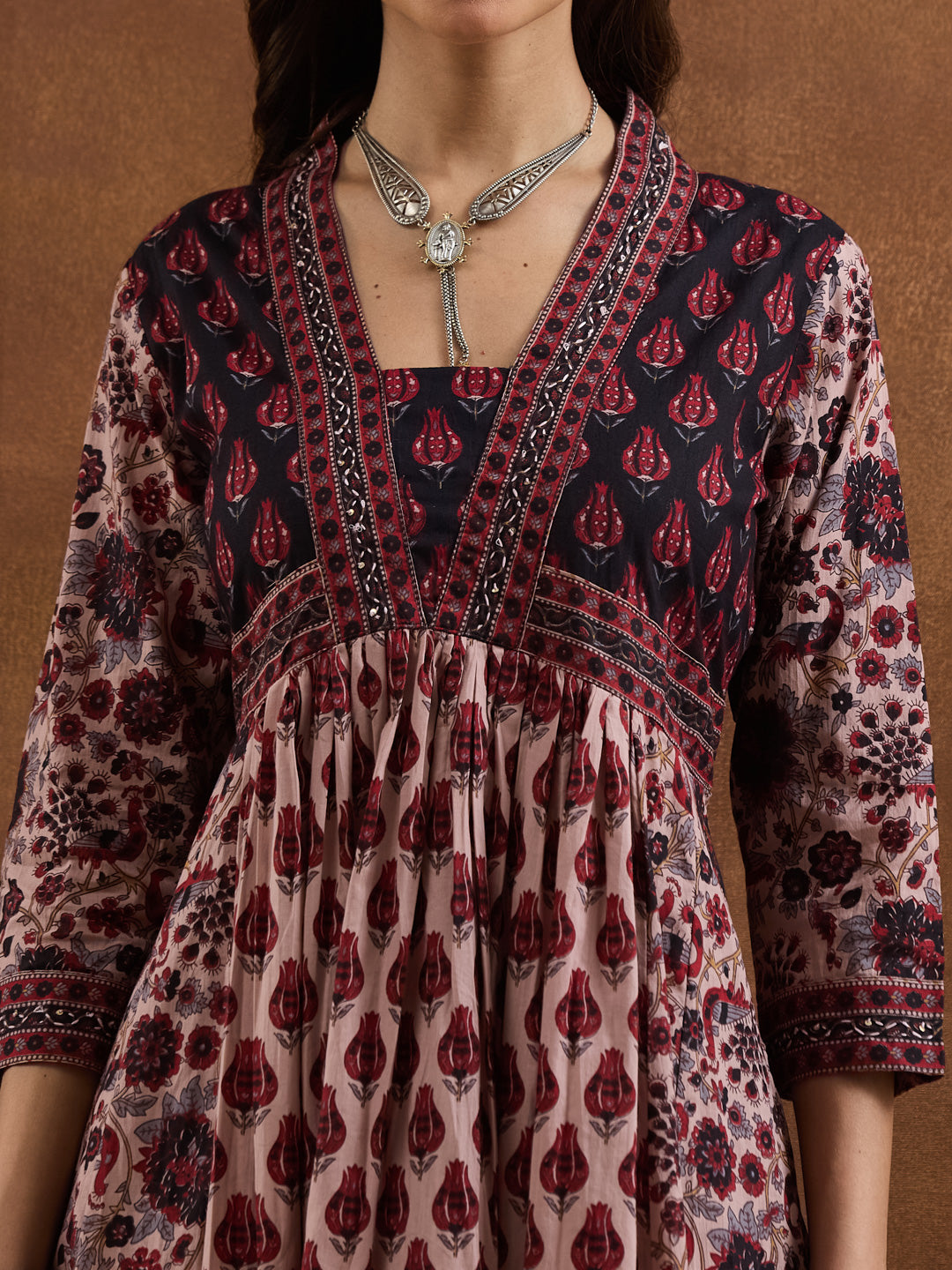 Divena Floral Printed Cotton Black & Pink Anakali Kurta Set