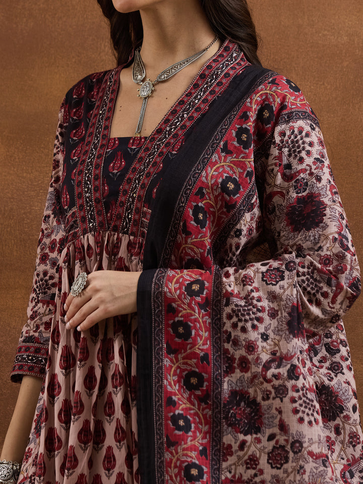 Divena Floral Printed Cotton Black & Pink Anakali Kurta Set