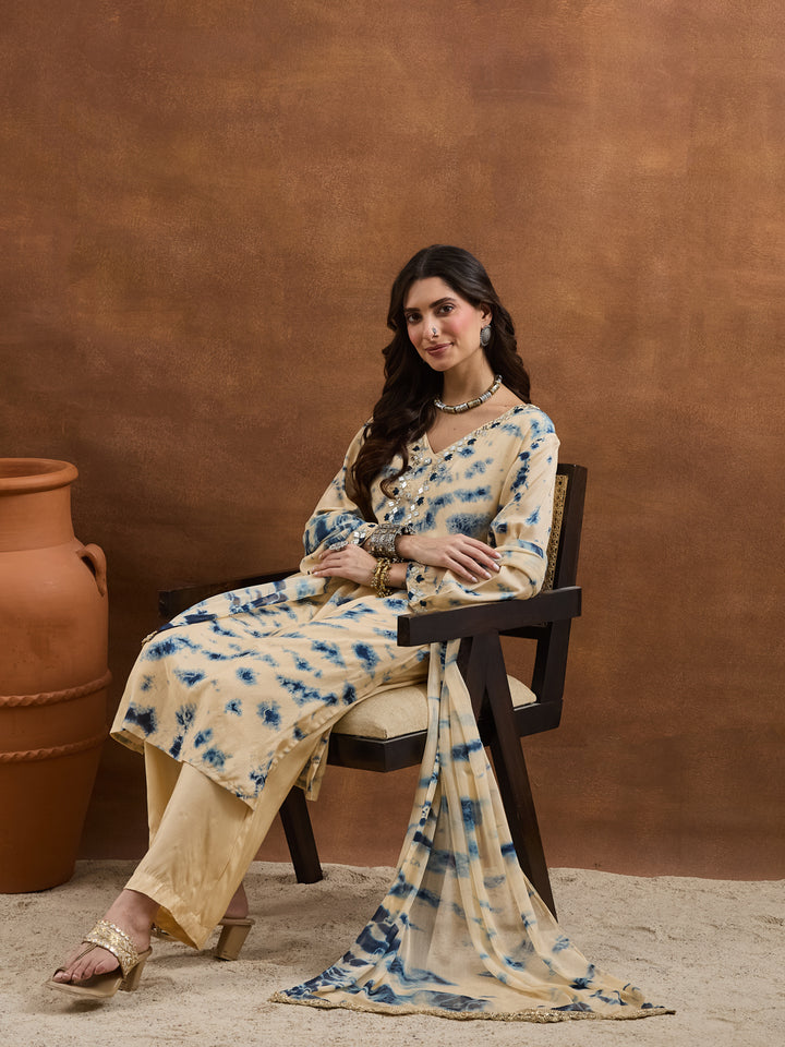 Divena Muslin Tie-and-Dye Printed Navy Cream Kurta Sets