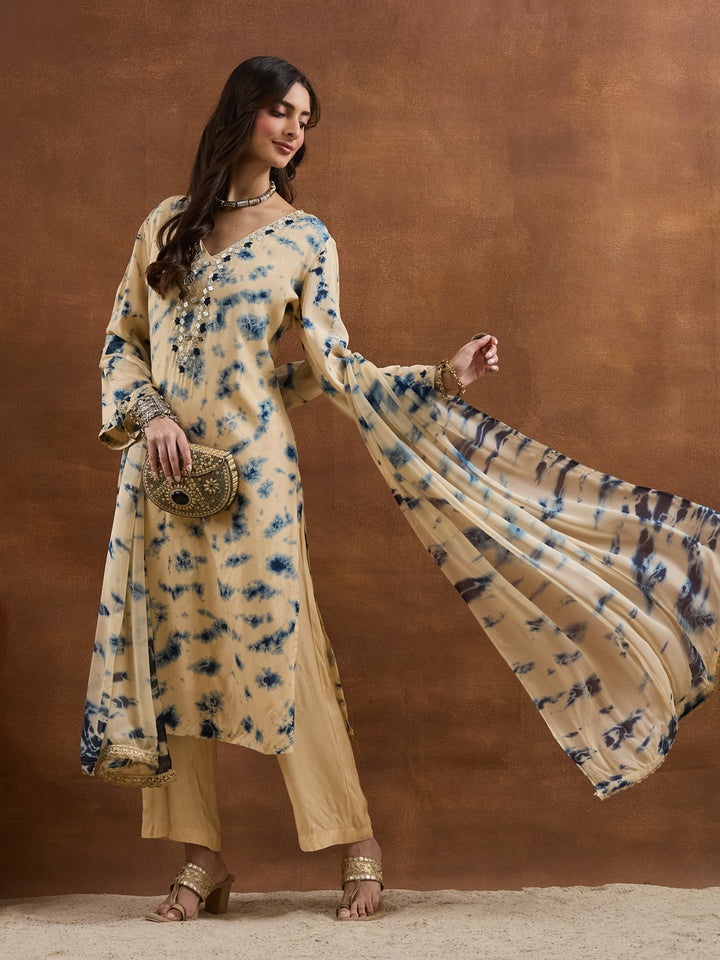 Divena Muslin Tie-and-Dye Printed Navy Cream Kurta Sets