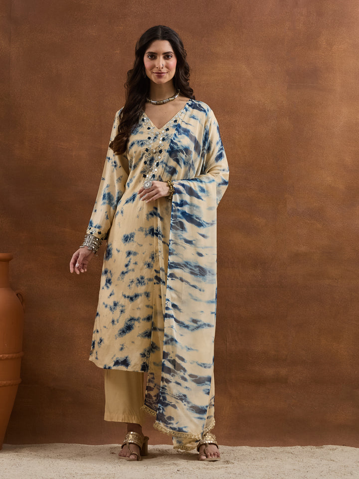 Divena Muslin Tie-and-Dye Printed Navy Cream Kurta Sets
