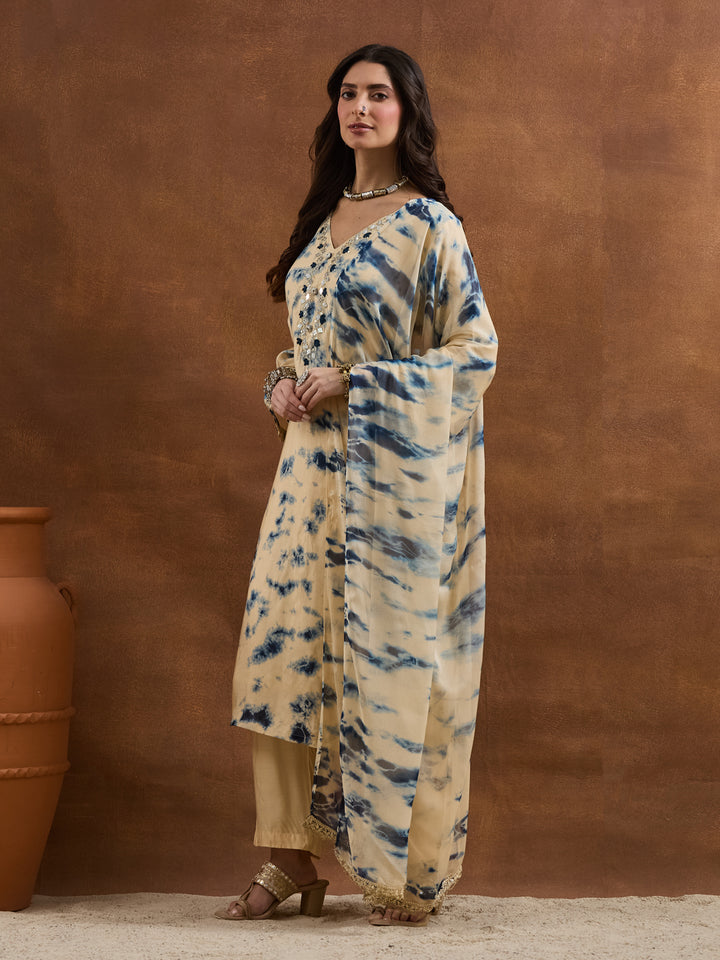 Divena Muslin Tie-and-Dye Printed Navy Cream Kurta Sets