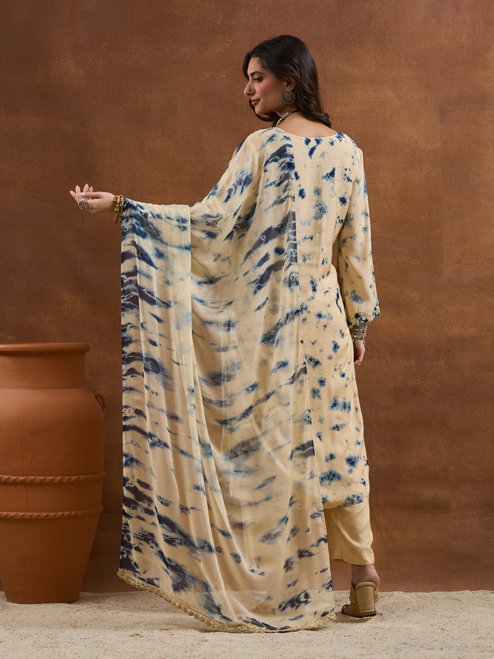 Divena Muslin Tie-and-Dye Printed Navy Cream Kurta Sets