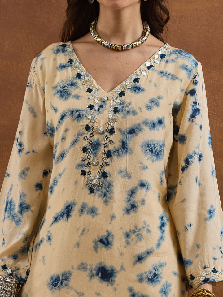 Divena Muslin Tie-and-Dye Printed Navy Cream Kurta Sets