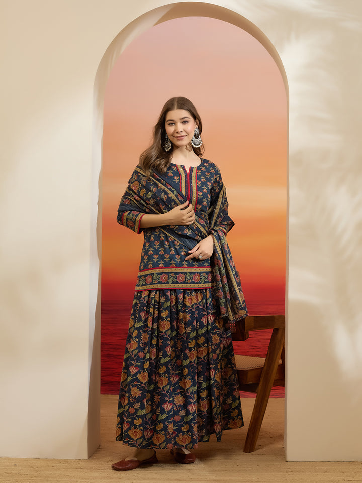 Divena Floral Printed Cotton Navy Blue Kurti Skirt Dupatta Set