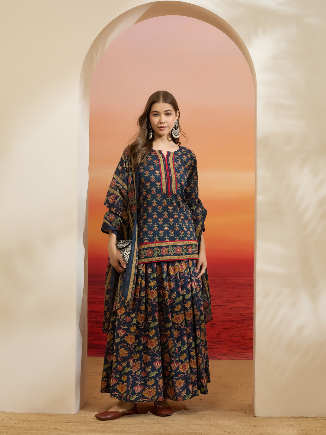 Divena Floral Printed Cotton Navy Blue Kurti Skirt Dupatta Set
