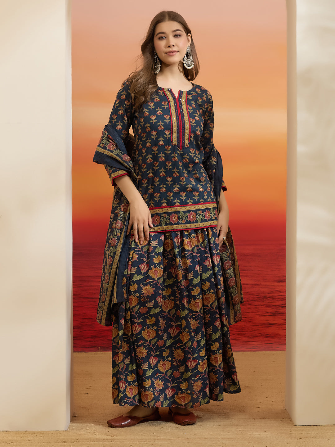 Divena Floral Printed Cotton Navy Blue Kurti Skirt Dupatta Set