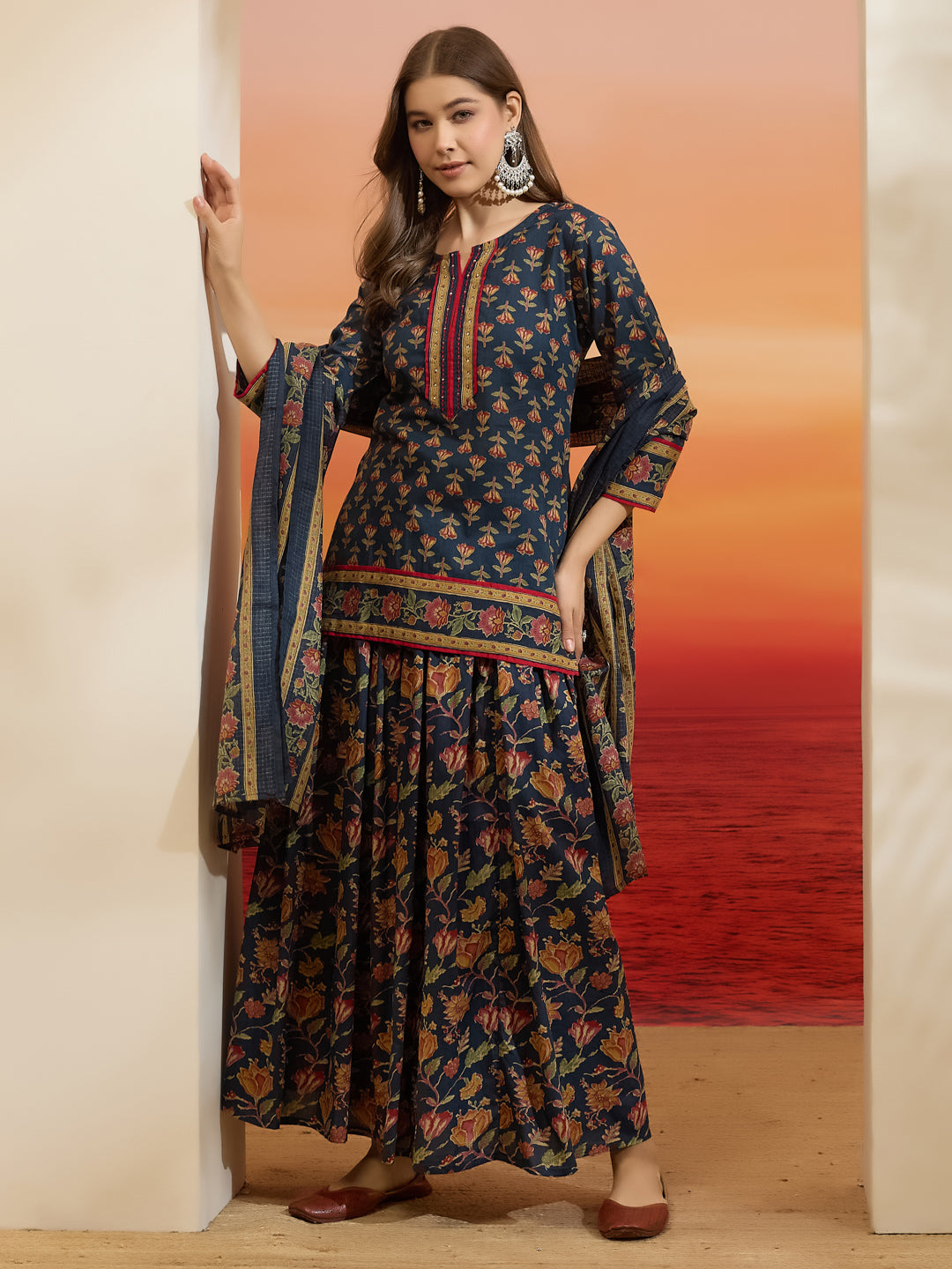 Divena Floral Printed Cotton Navy Blue Kurti Skirt Dupatta Set