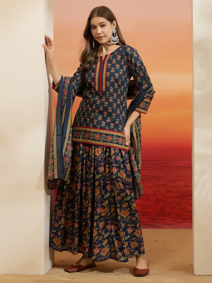 Divena Floral Printed Cotton Navy Blue Kurti Skirt Dupatta Set