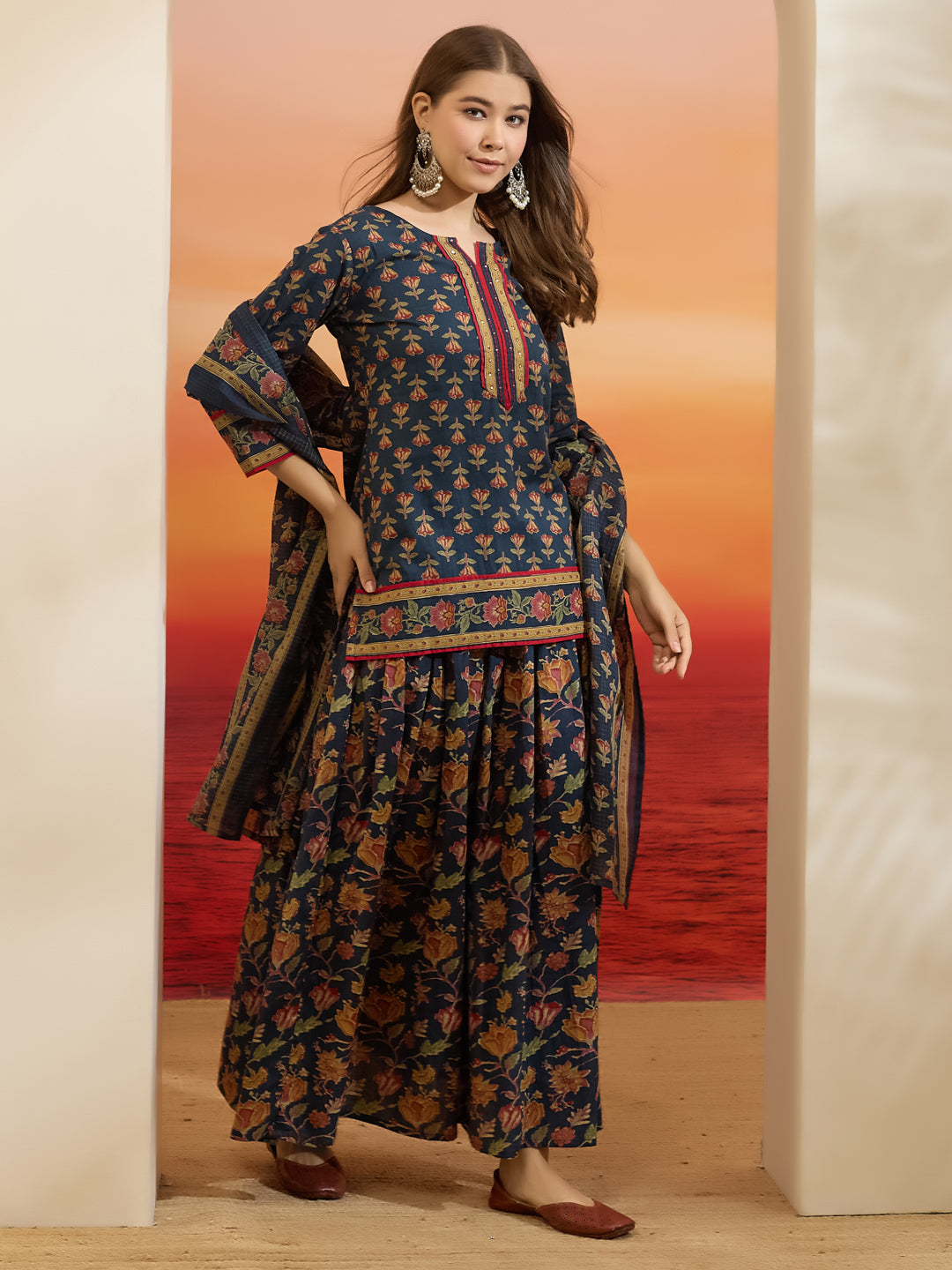 Divena Floral Printed Cotton Navy Blue Kurti Skirt Dupatta Set