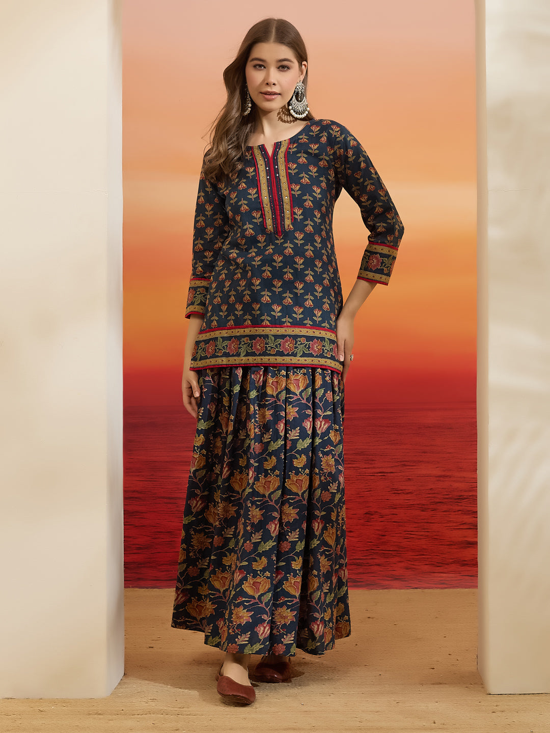 Divena Floral Printed Cotton Navy Blue Kurti Skirt Dupatta Set