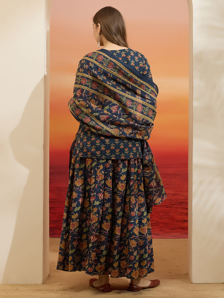 Divena Floral Printed Cotton Navy Blue Kurti Skirt Dupatta Set