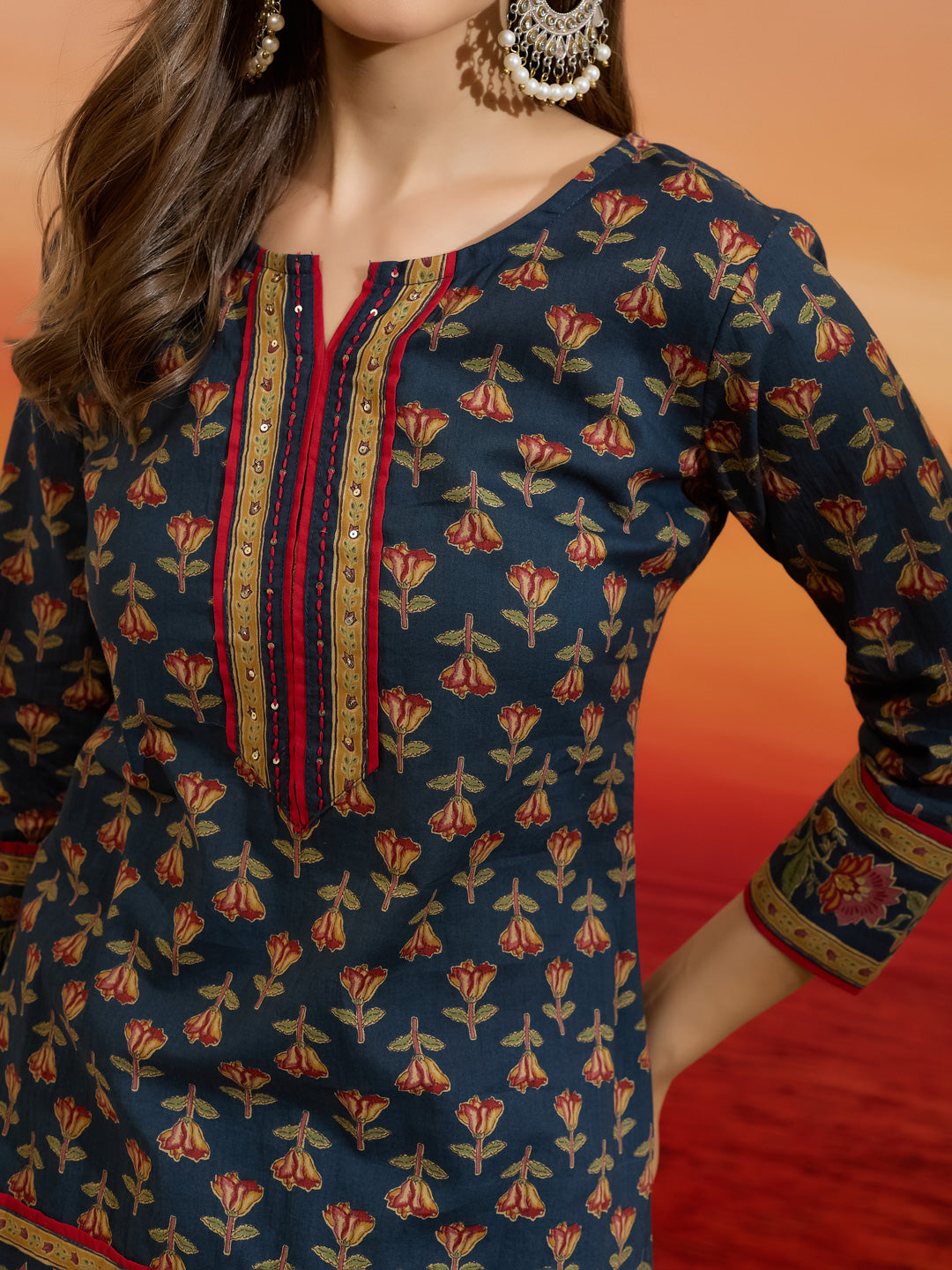 Divena Floral Printed Cotton Navy Blue Kurti Skirt Dupatta Set