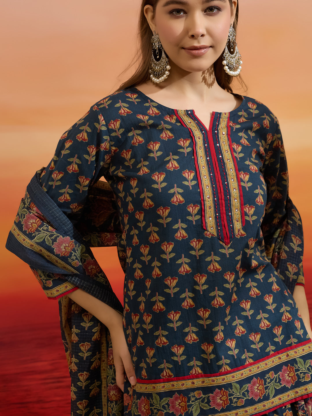 Divena Floral Printed Cotton Navy Blue Kurti Skirt Dupatta Set