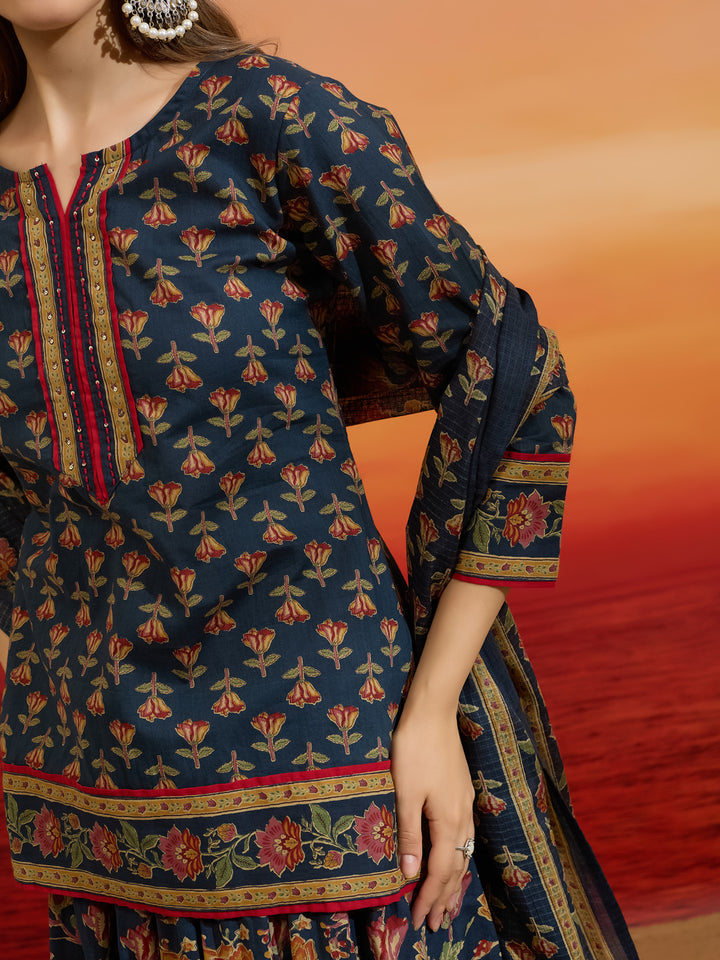 Divena Floral Printed Cotton Navy Blue Kurti Skirt Dupatta Set