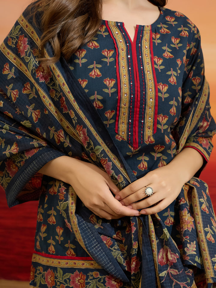 Divena Floral Printed Cotton Navy Blue Kurti Skirt Dupatta Set