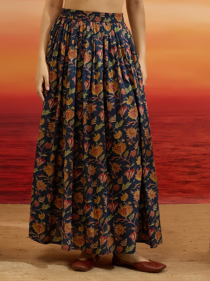 Divena Floral Printed Cotton Navy Blue Kurti Skirt Dupatta Set