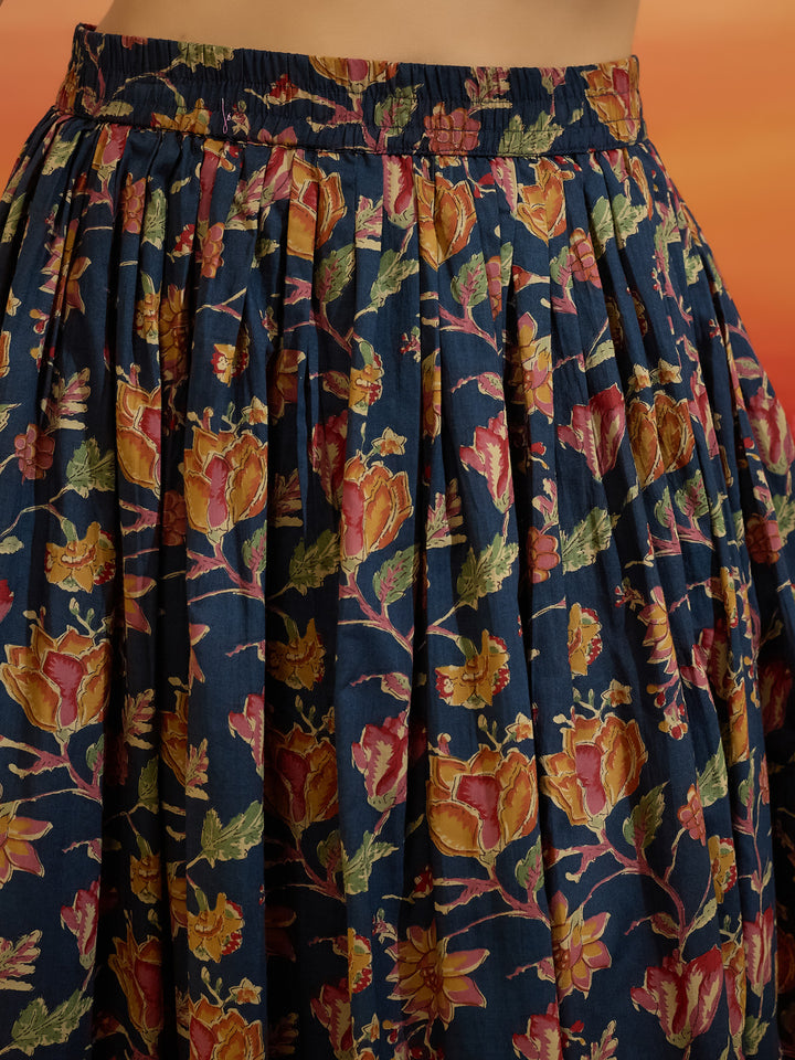 Divena Floral Printed Cotton Navy Blue Kurti Skirt Dupatta Set
