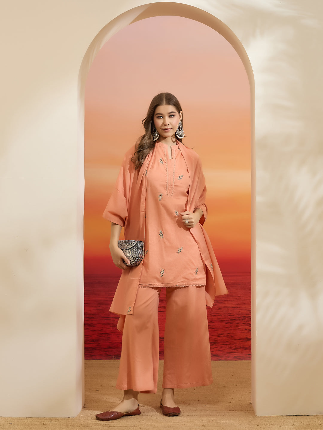 Divena Embroidered Cotton Orange Straight Fit  Kurta Sets