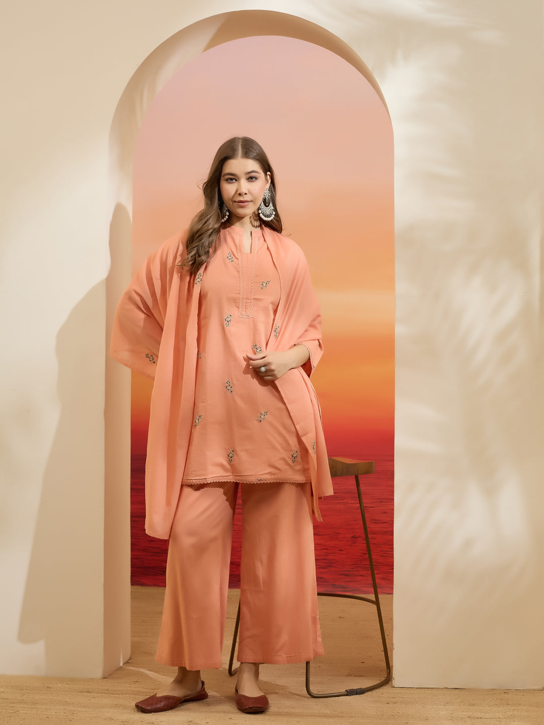 Divena Embroidered Cotton Orange Straight Fit  Kurta Sets