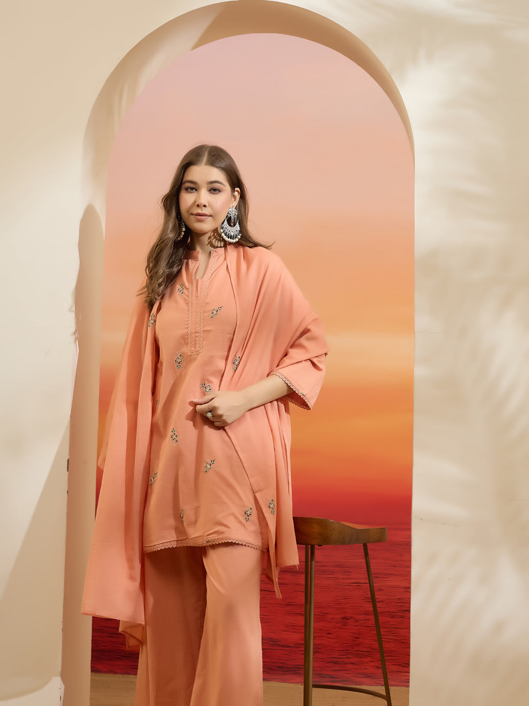 Divena Embroidered Cotton Orange Straight Fit  Kurta Sets