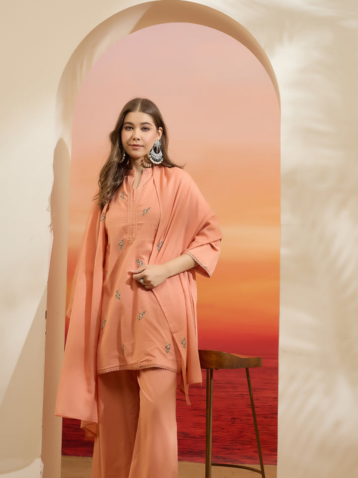 Divena Embroidered Cotton Orange Straight Fit  Kurta Sets