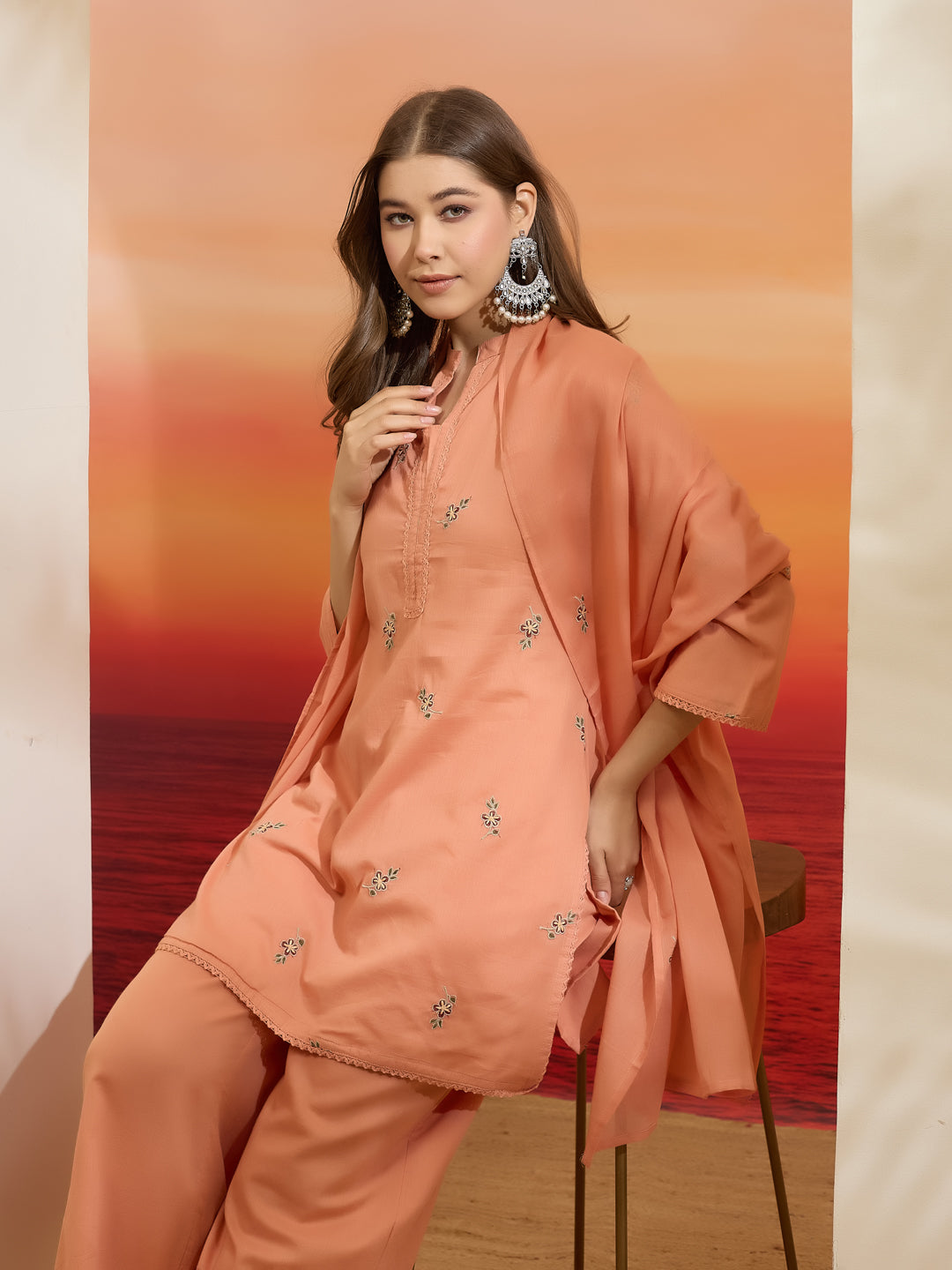 Divena Embroidered Cotton Orange Straight Fit  Kurta Sets