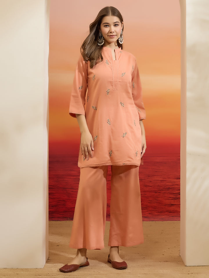 Divena Embroidered Cotton Orange Straight Fit  Kurta Sets