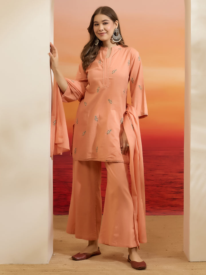 Divena Embroidered Cotton Orange Straight Fit  Kurta Sets