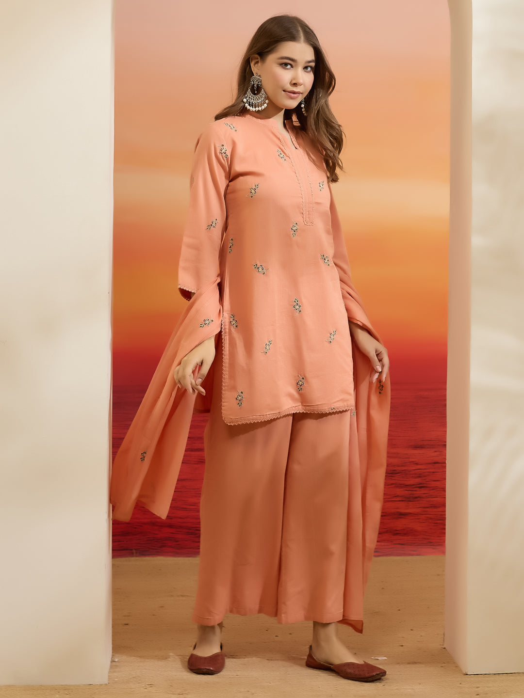 Divena Embroidered Cotton Orange Straight Fit  Kurta Sets